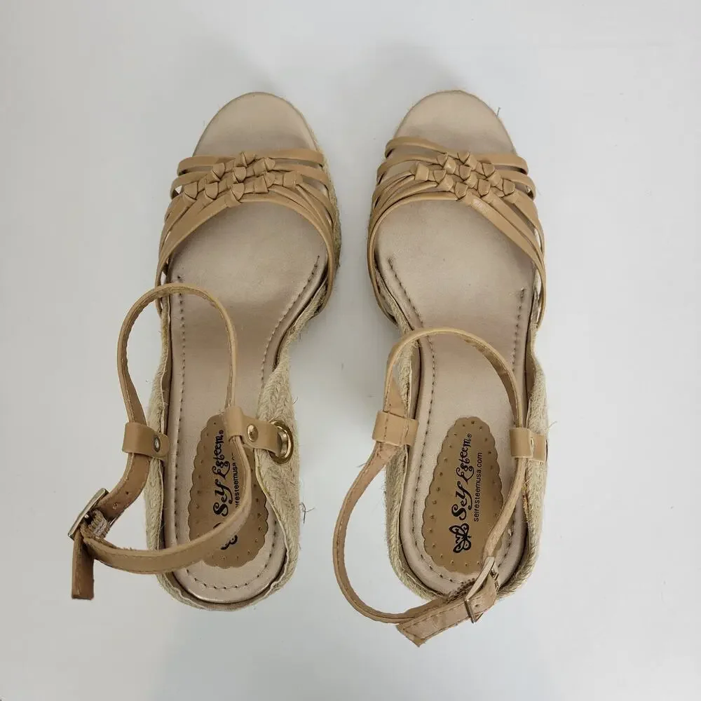 Self Esteem Womens Sandals Size 9 Brown Cork Strap Slingback Wedge Heels